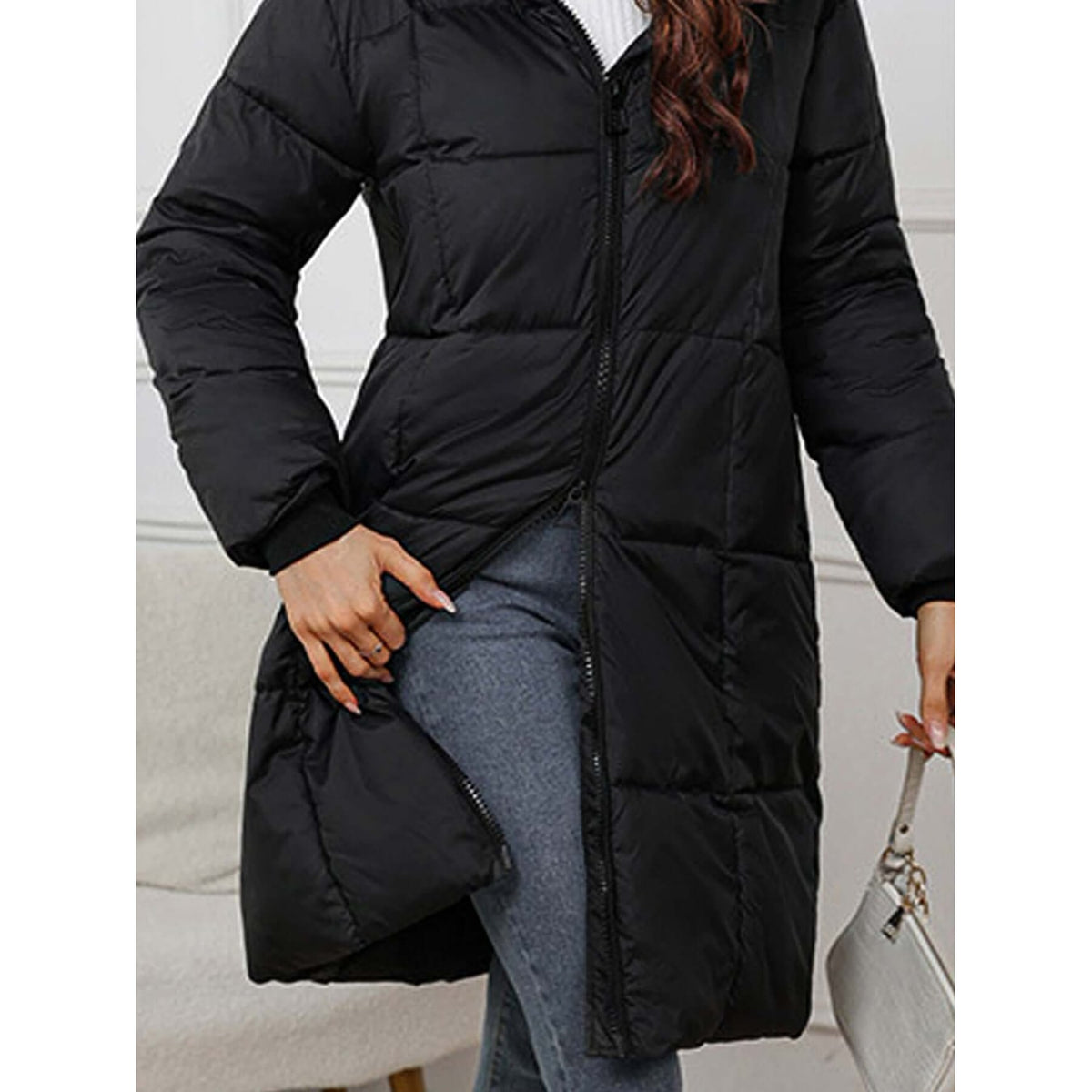 Women's Long Puffer Winter Coat with Hooded Quilted Design and Two-Way Zipper - Image 11