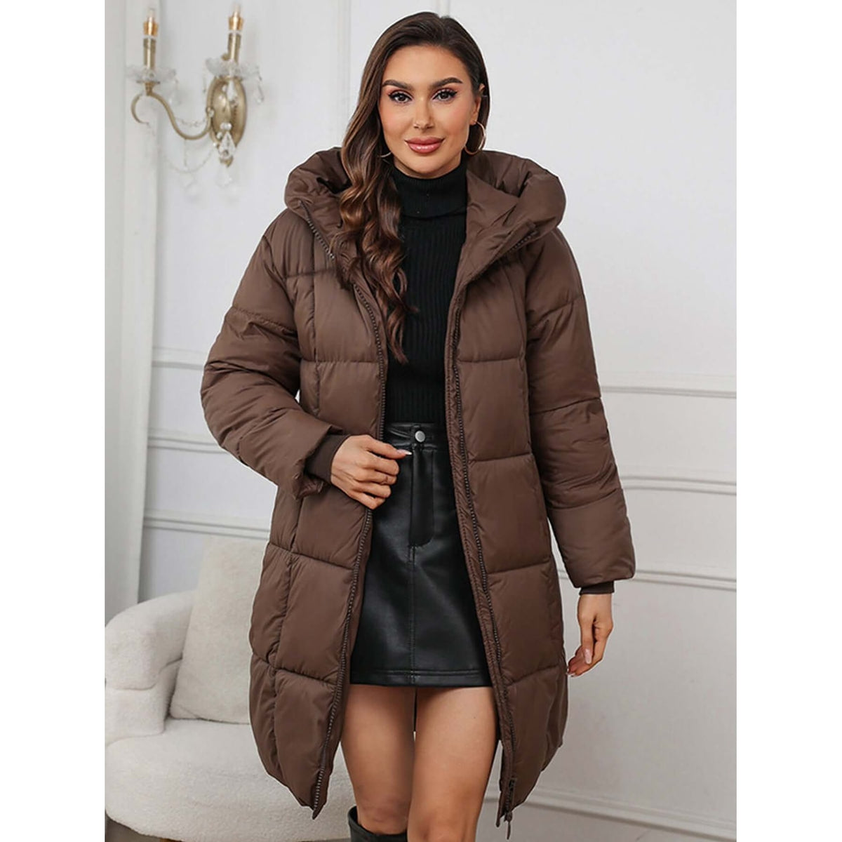 Women's Long Puffer Winter Coat with Hooded Quilted Design and Two-Way Zipper - Image 2