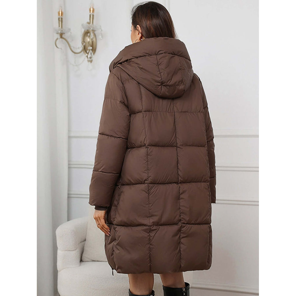Women's Long Puffer Winter Coat with Hooded Quilted Design and Two-Way Zipper - Image 4