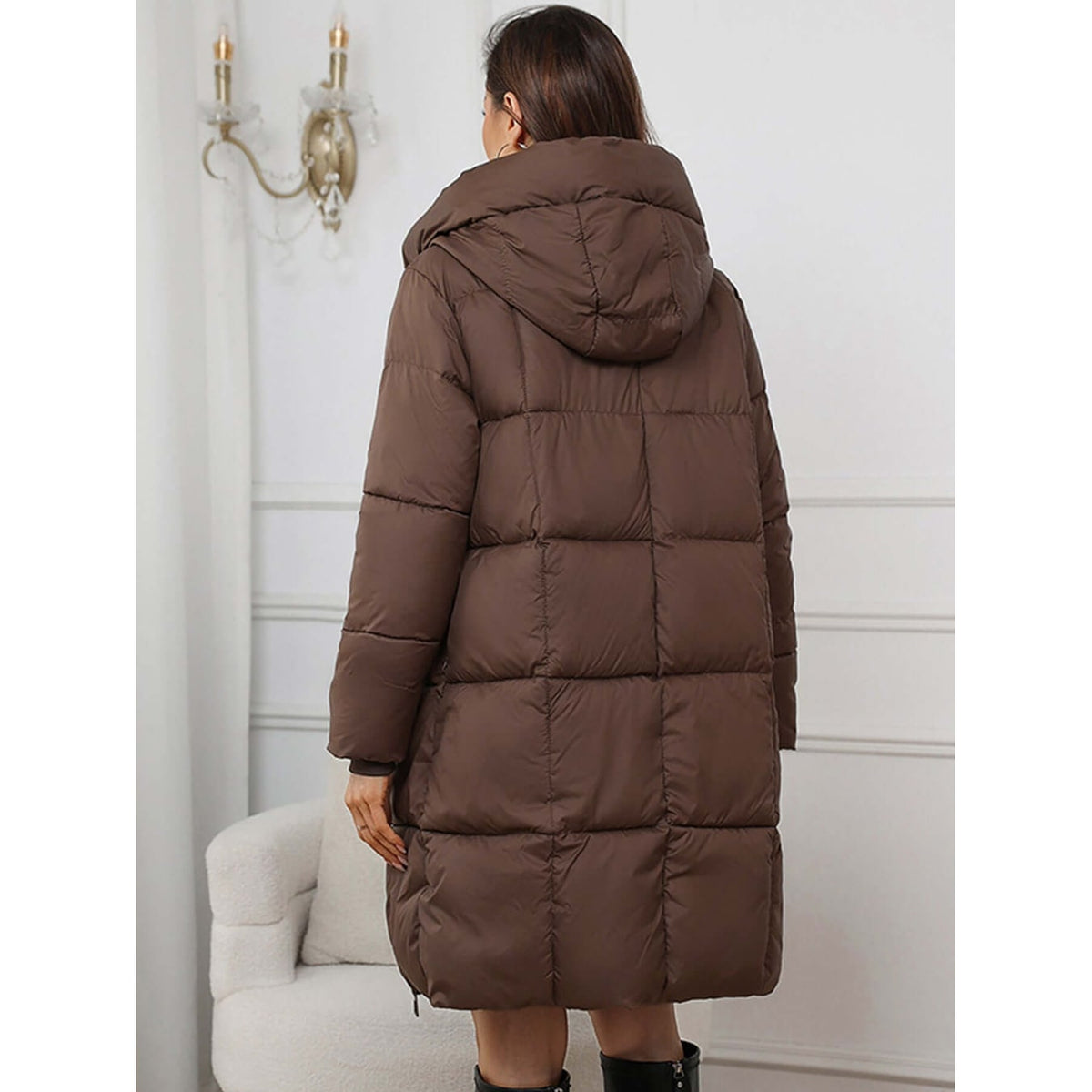 Women's Long Puffer Winter Coat with Hooded Quilted Design and Two-Way Zipper - Image 4