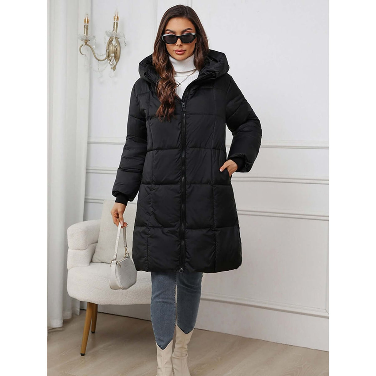Women's Long Puffer Winter Coat with Hooded Quilted Design and Two-Way Zipper - Image 9