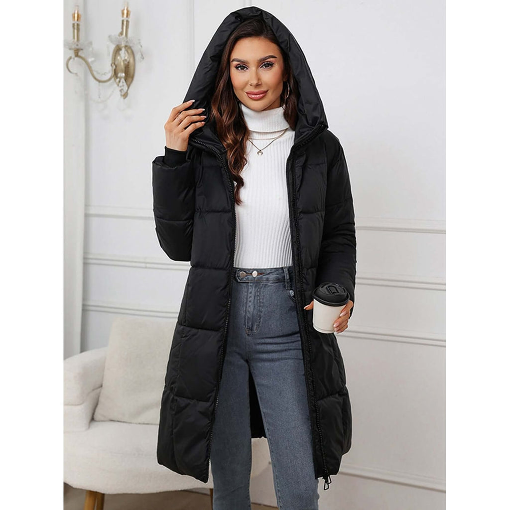 Women's Long Puffer Winter Coat with Quilted Hood and Two-Way Zipper - Image 10