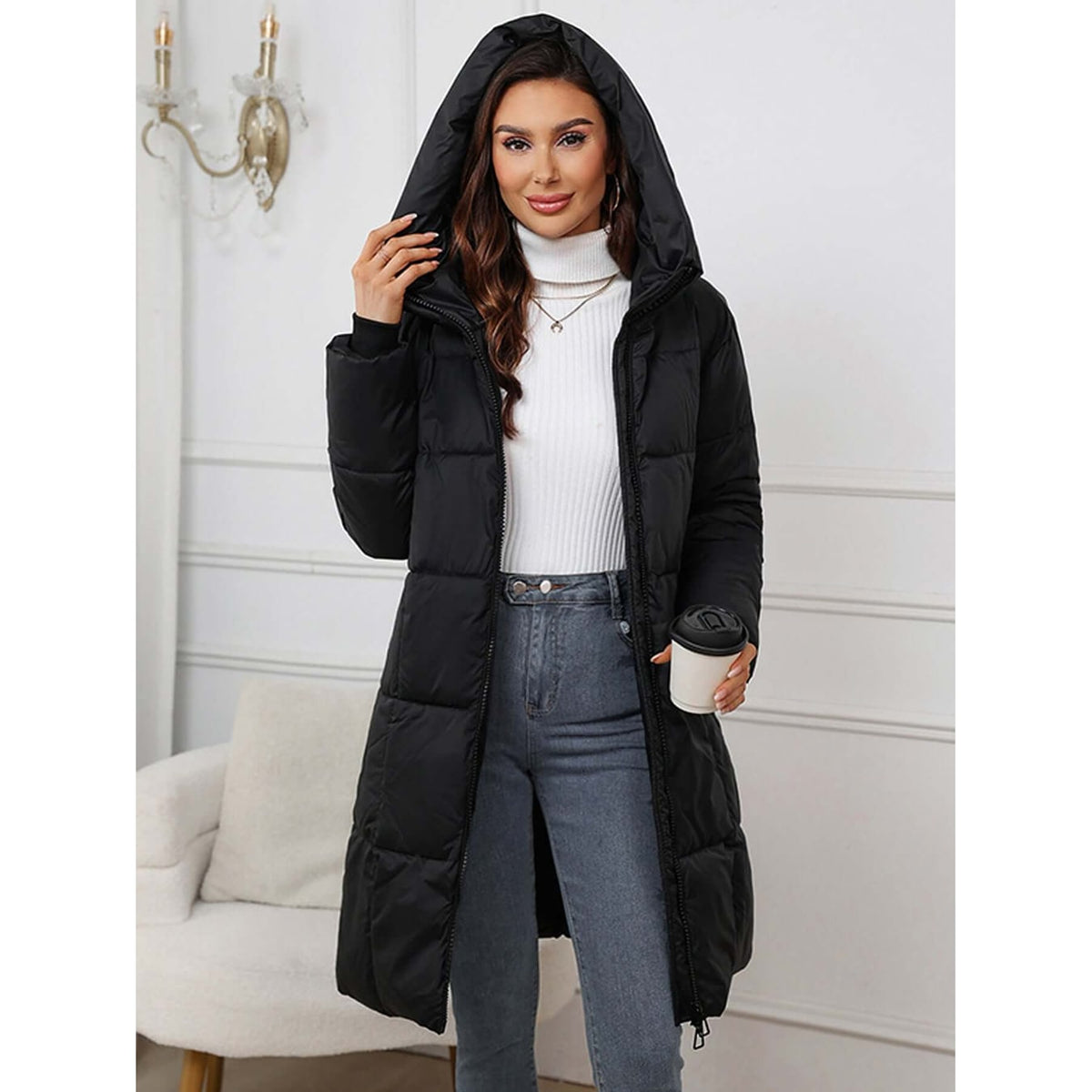 Women's Long Puffer Winter Coat with Quilted Hood and Two-Way Zipper - Image 10