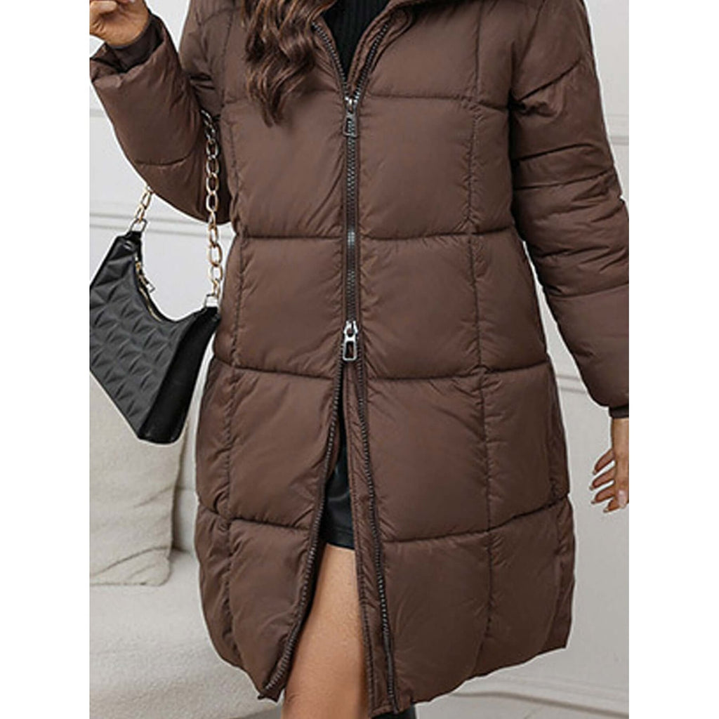 Women's Long Puffer Winter Coat with Quilted Hood and Two-Way Zipper - Image 5