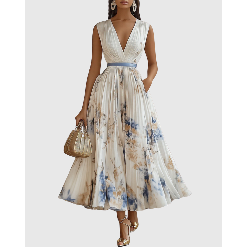 Women's Long Sleeve Floral Pleated Maxi Dress | Deep V-Neck - Image 1