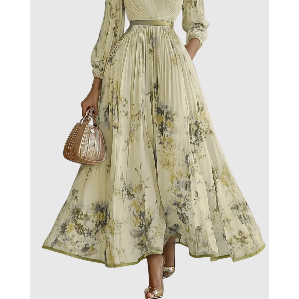 Women's Long Sleeve Floral Pleated Maxi Dress | Deep V-Neck - Image 10