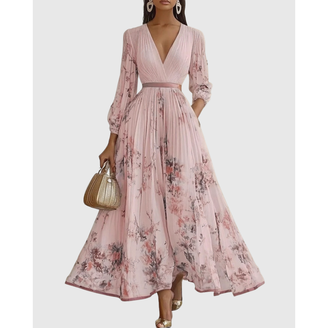 Women's Long Sleeve Floral Pleated Maxi Dress | Deep V-Neck - Image 11