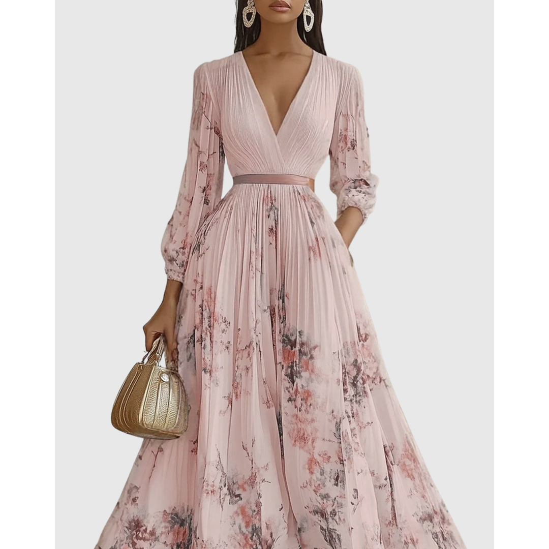 Women's Long Sleeve Floral Pleated Maxi Dress | Deep V-Neck - Image 12