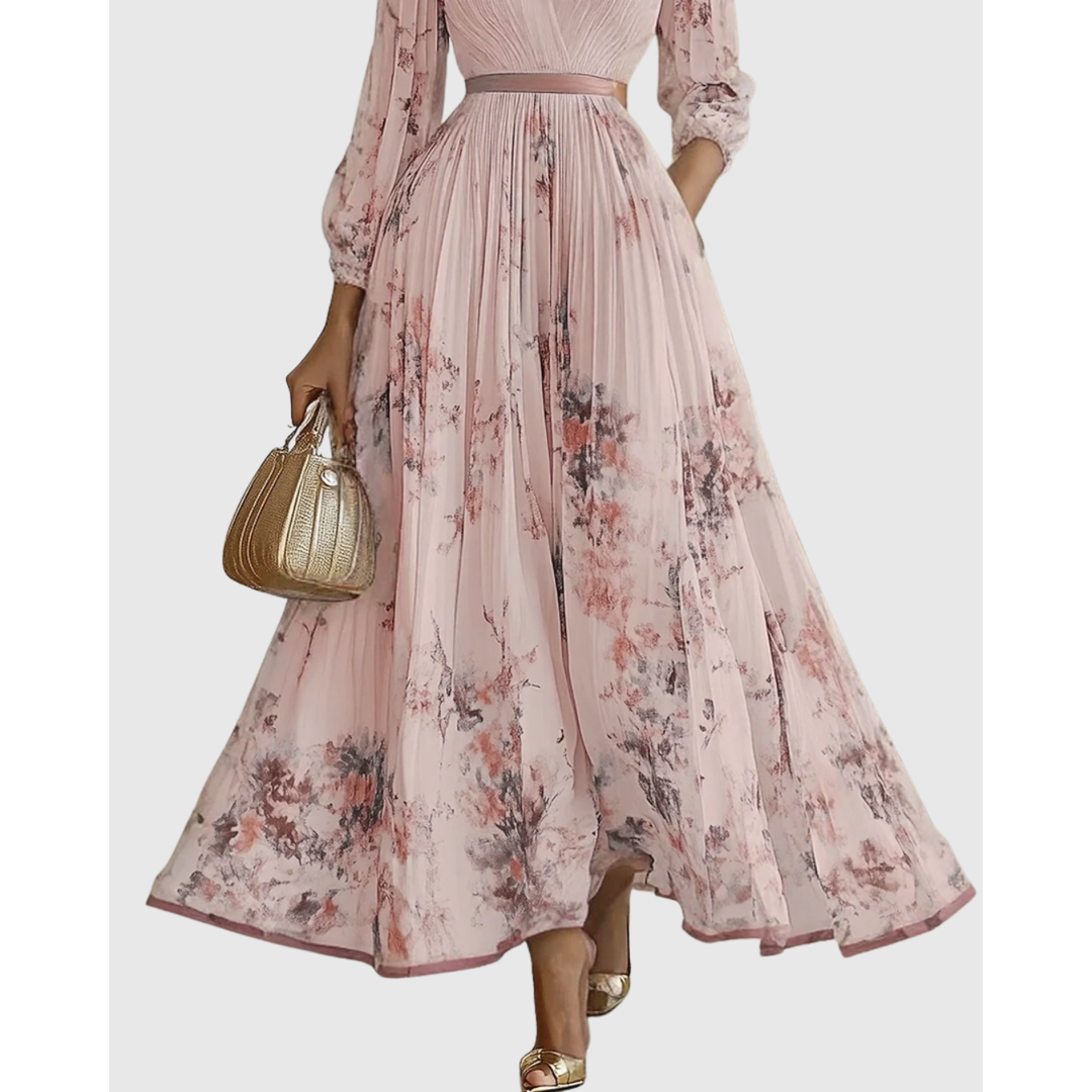 Women's Long Sleeve Floral Pleated Maxi Dress | Deep V-Neck - Image 13