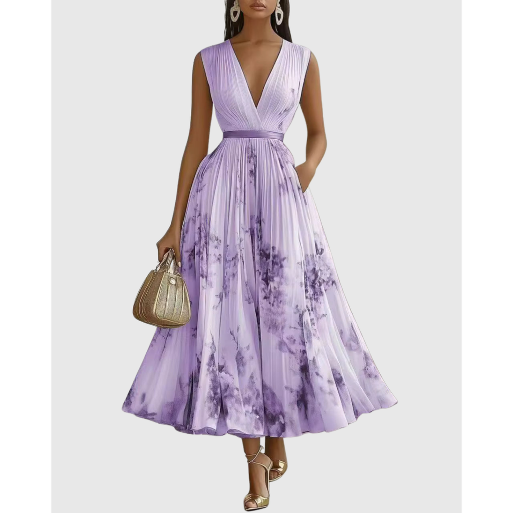 Women's Long Sleeve Floral Pleated Maxi Dress | Deep V-Neck - Image 15