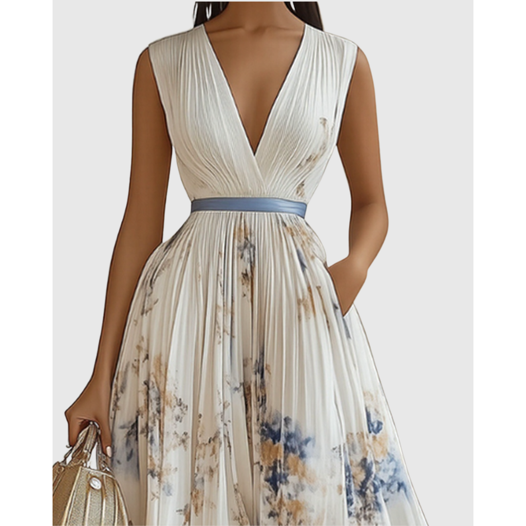 Women's Long Sleeve Floral Pleated Maxi Dress | Deep V-Neck - Image 2
