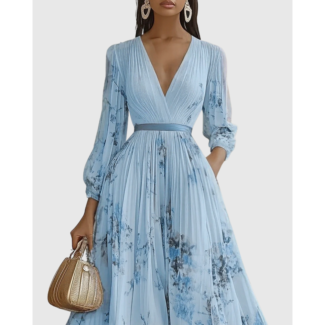 Women's Long Sleeve Floral Pleated Maxi Dress | Deep V-Neck - Image 5