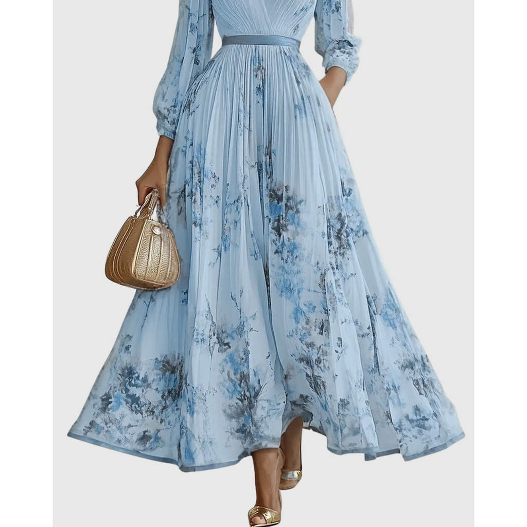 Women's Long Sleeve Floral Pleated Maxi Dress | Deep V-Neck - Image 7