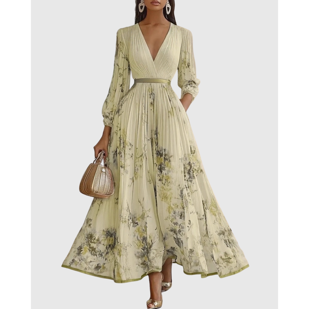 Women's Long Sleeve Floral Pleated Maxi Dress | Deep V-Neck - Image 8