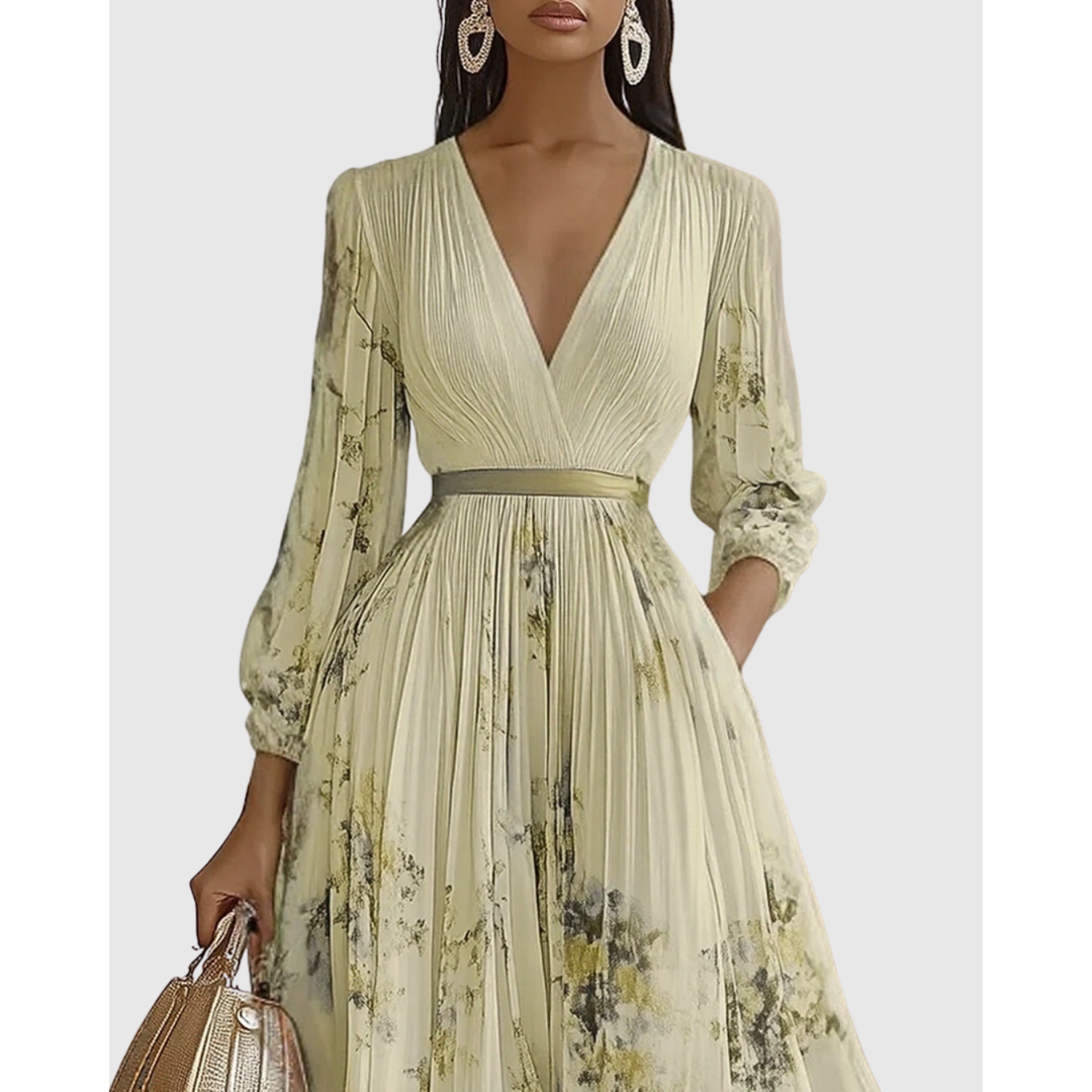 Women's Long Sleeve Floral Pleated Maxi Dress | Deep V-Neck - Image 9