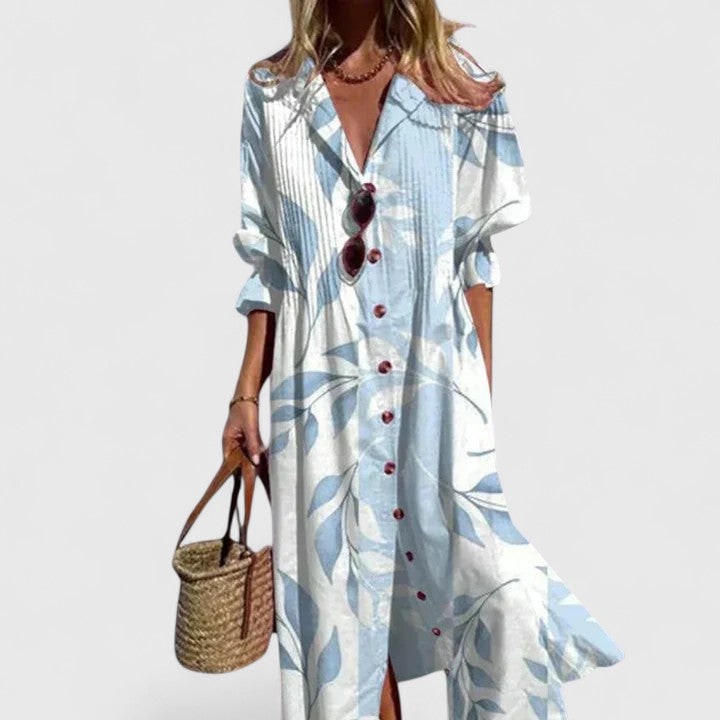 Women's Long Sleeve Maxi Shirt Dress Pleated Button Down Graphic Print | V Neck - Image 1