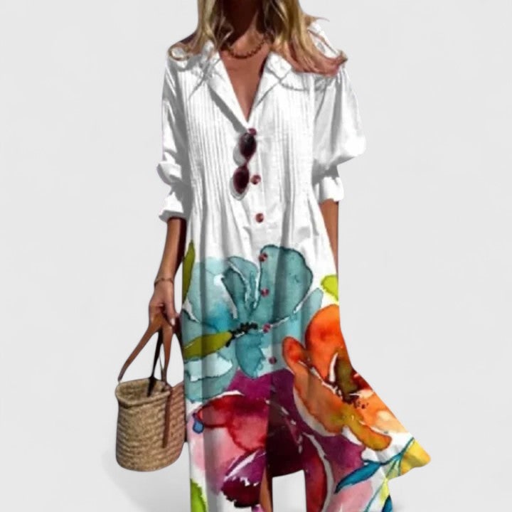 Women's Long Sleeve Maxi Shirt Dress Pleated Button Down Graphic Print | V Neck - Image 2