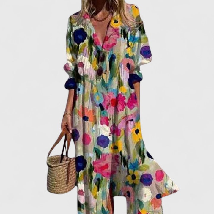 Women's Long Sleeve Maxi Shirt Dress Pleated Button Down Graphic Print | V Neck - Image 3