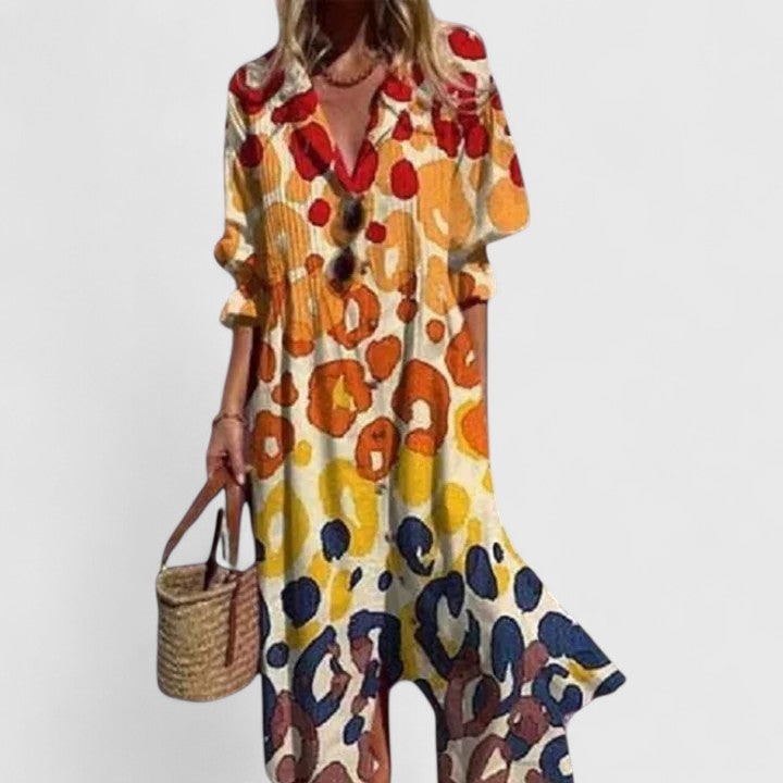 Women's Long Sleeve Maxi Shirt Dress Pleated Button Down Graphic Print | V Neck - Image 4