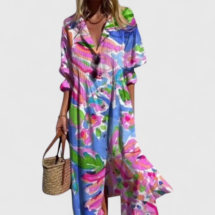 Women's Long Sleeve Maxi Shirt Dress Pleated Button Down Graphic Print | V Neck - Image 5