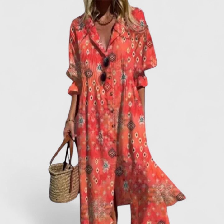Women's Long Sleeve Maxi Shirt Dress Pleated Button Down Graphic Print | V Neck - Image 6