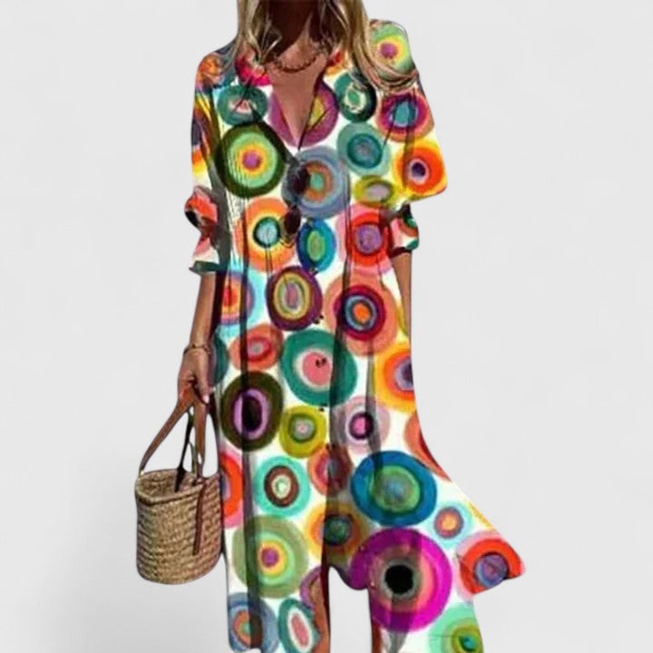 Women's Long Sleeve Maxi Shirt Dress Pleated Button Down Graphic Print | V Neck - Image 7