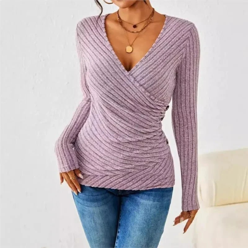 Women's Long Sleeve Wrap Top Ribbed Knit with Side Ruching and Surplice V-Neck - Image 3