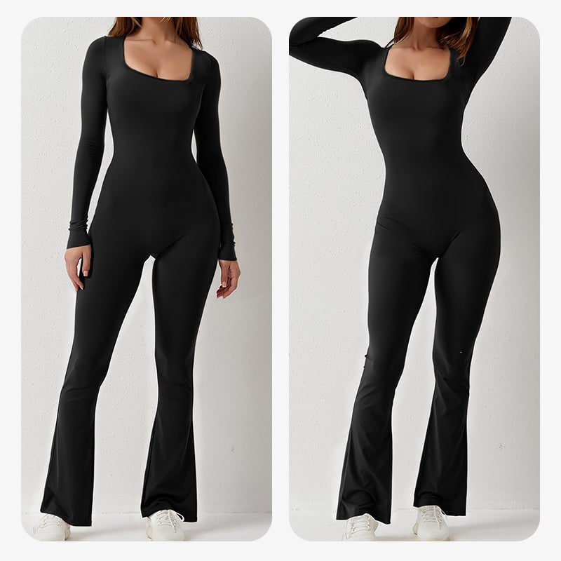 Women's Long Sleeves Square Neck Jumpsuit Flared Leg | Removable Hip Pads - Image 2
