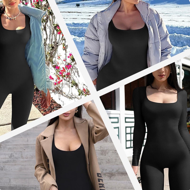 Women's Long Sleeves Square Neck Jumpsuit Flared Leg | Removable Hip Pads - Image 4