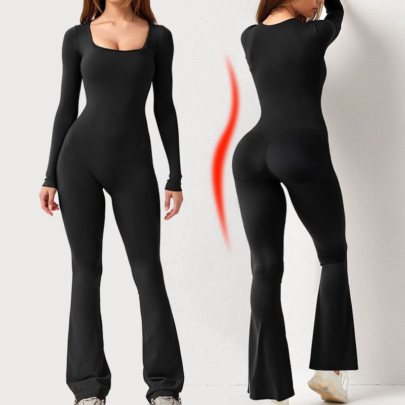 Women's Long Sleeves Square Neck Jumpsuit Flared Leg | Removable Hip Pads - Image 9