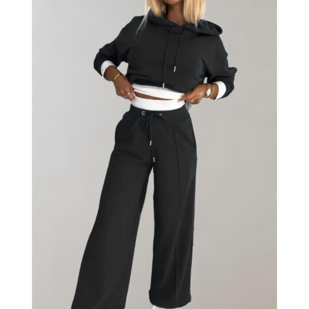 Women's Loungewear Set Cropped Hoodie and Wide Leg Pants with Drawstring - Image 1