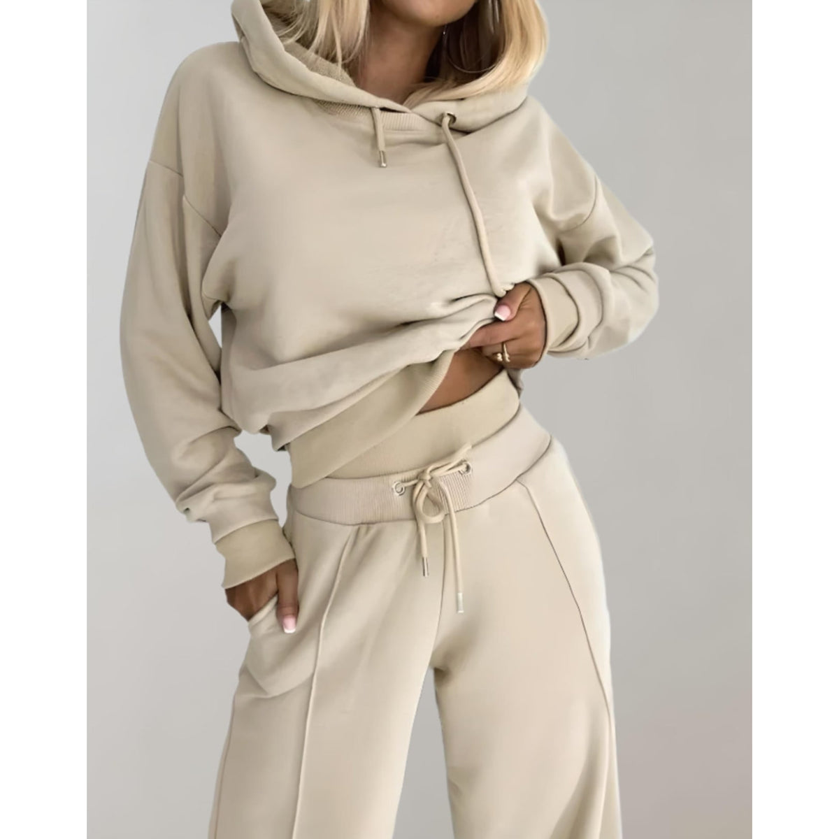 Women's Loungewear Set Cropped Hoodie and Wide Leg Pants with Drawstring - Image 6