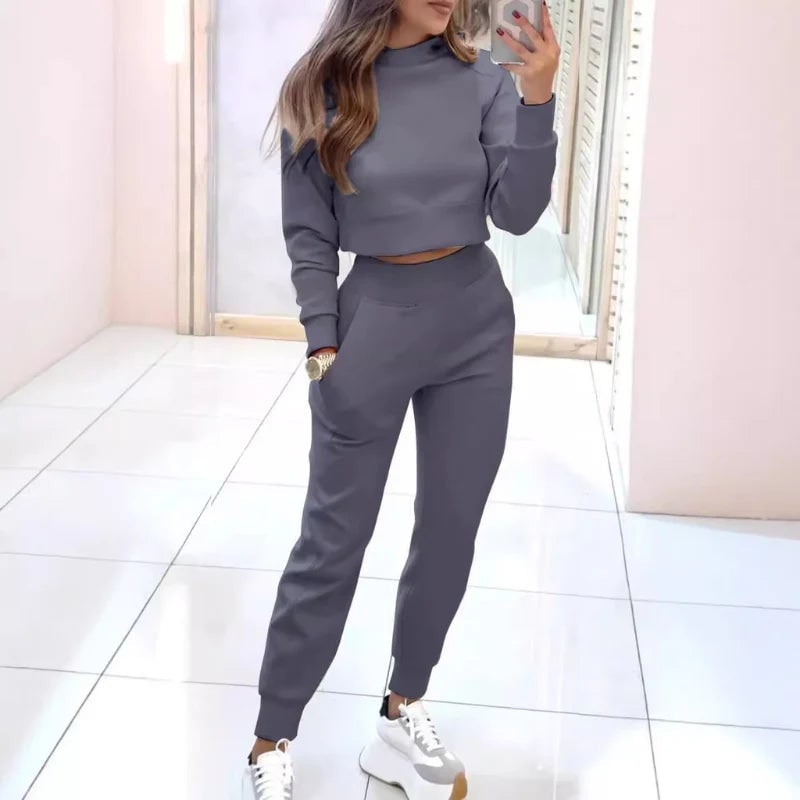 Women's Loungewear Set Cropped Sweatshirt Joggers with Ribbed Cuffs - Image 1