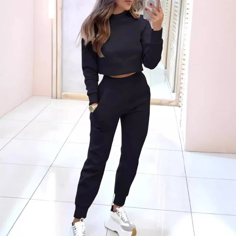 Women's Loungewear Set Cropped Sweatshirt Joggers with Ribbed Cuffs - Image 5