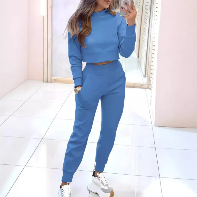Women's Loungewear Set Cropped Sweatshirt Joggers with Ribbed Cuffs - Image 7