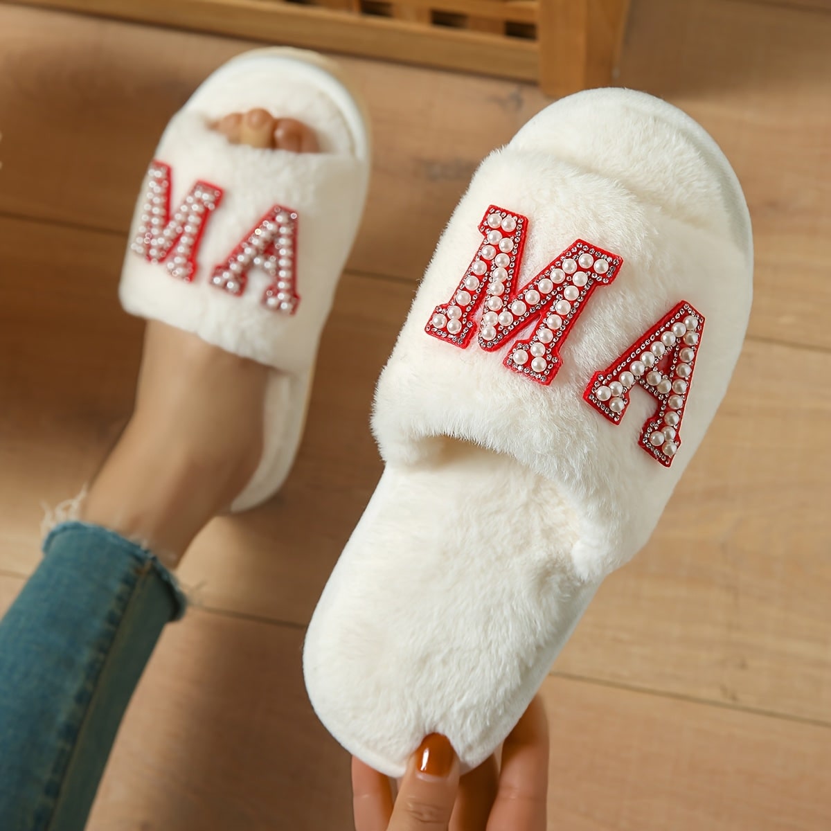 Women's Mama Faux Fur Slide on Open Toe House Slippers with Plush Footbed - Image 1