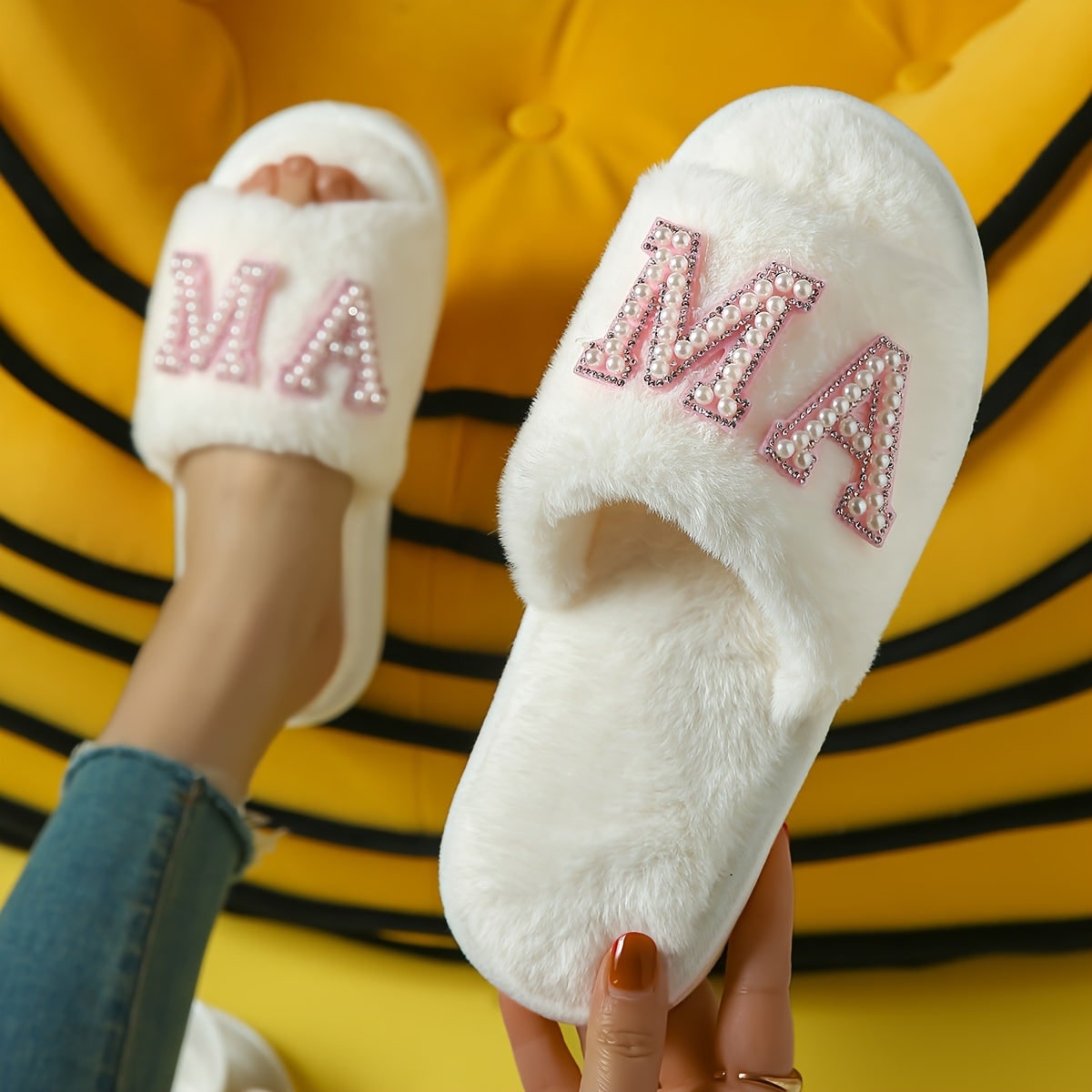 Women's Mama Faux Fur Slide on Open Toe House Slippers with Plush Footbed - Image 2