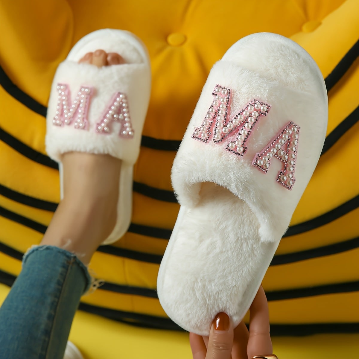 Women's Mama Faux Fur Slide on Open Toe House Slippers with Plush Footbed - Image 3
