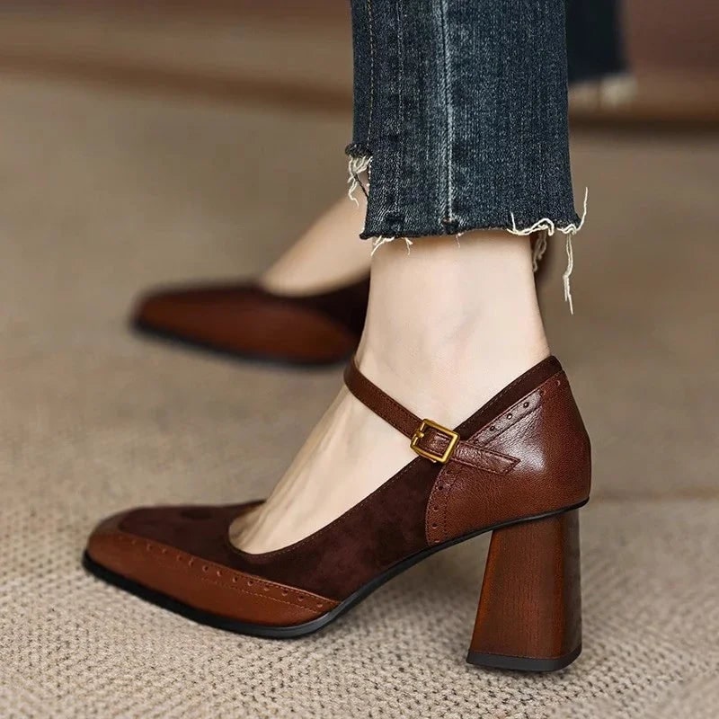 Women's Mary Jane Block Heel Pumps with Square Toe and Buckle Strap - Image 1