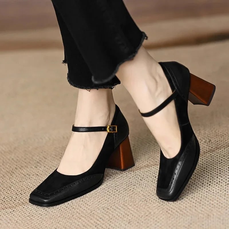 Women's Mary Jane Block Heel Pumps with Square Toe and Buckle Strap - Image 10
