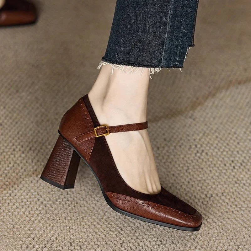 Women's Mary Jane Block Heel Pumps with Square Toe and Buckle Strap - Image 2