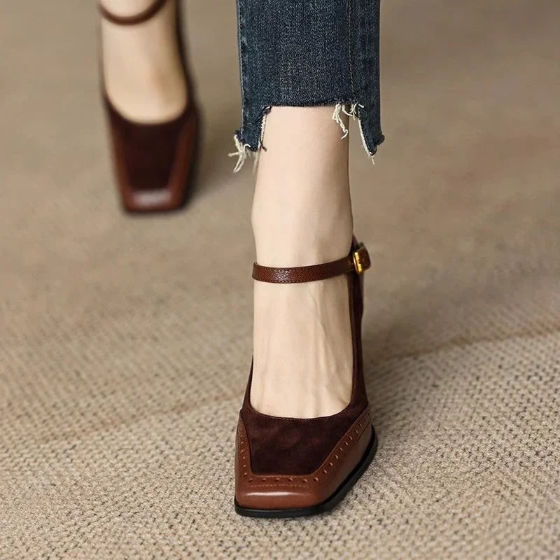 Women's Mary Jane Block Heel Pumps with Square Toe and Buckle Strap - Image 3