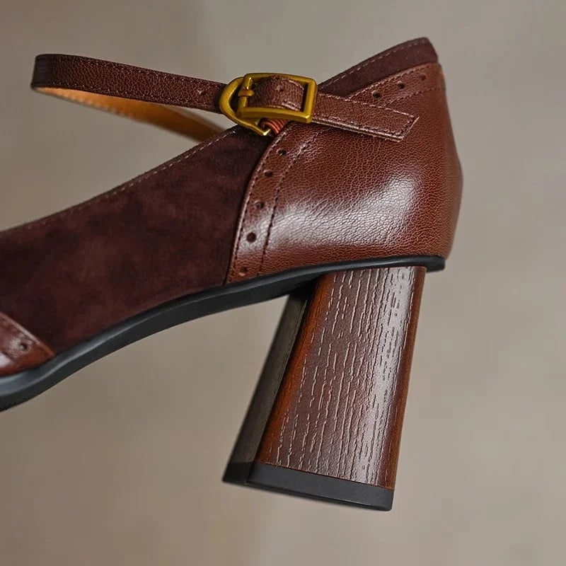 Women's Mary Jane Block Heel Pumps with Square Toe and Buckle Strap - Image 7