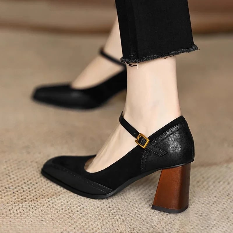 Women's Mary Jane Block Heel Pumps with Square Toe and Buckle Strap - Image 8