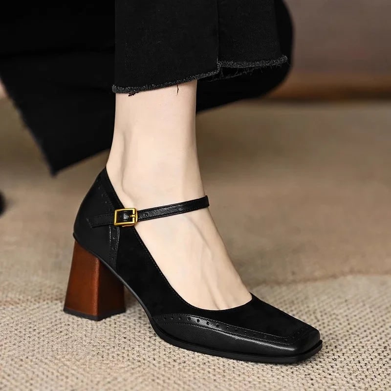 Women's Mary Jane Block Heel Pumps with Square Toe and Buckle Strap - Image 9