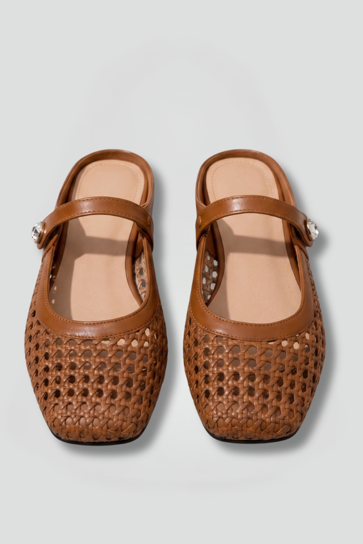 Women's Mary Jane Mules Slip on Flat Shoes with Woven Upper and Rhinestone Button - Image 1