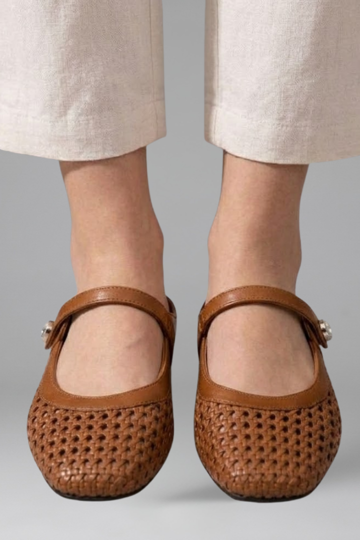 Women's Mary Jane Mules Slip on Flat Shoes with Woven Upper and Rhinestone Button - Image 3