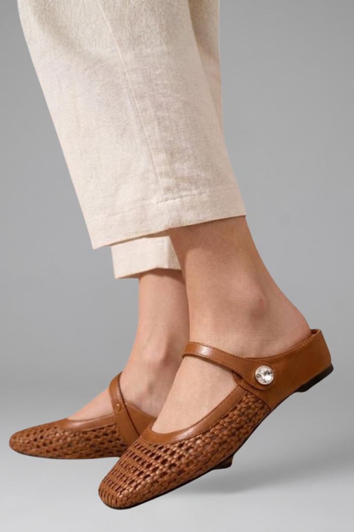 Women's Mary Jane Mules Slip on Flat Shoes with Woven Upper and Rhinestone Button - Image 4