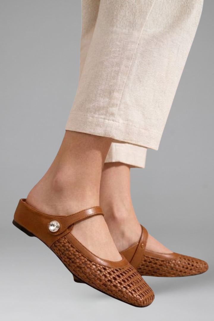 Women's Mary Jane Mules Slip on Flat Shoes with Woven Upper and Rhinestone Button - Image 5