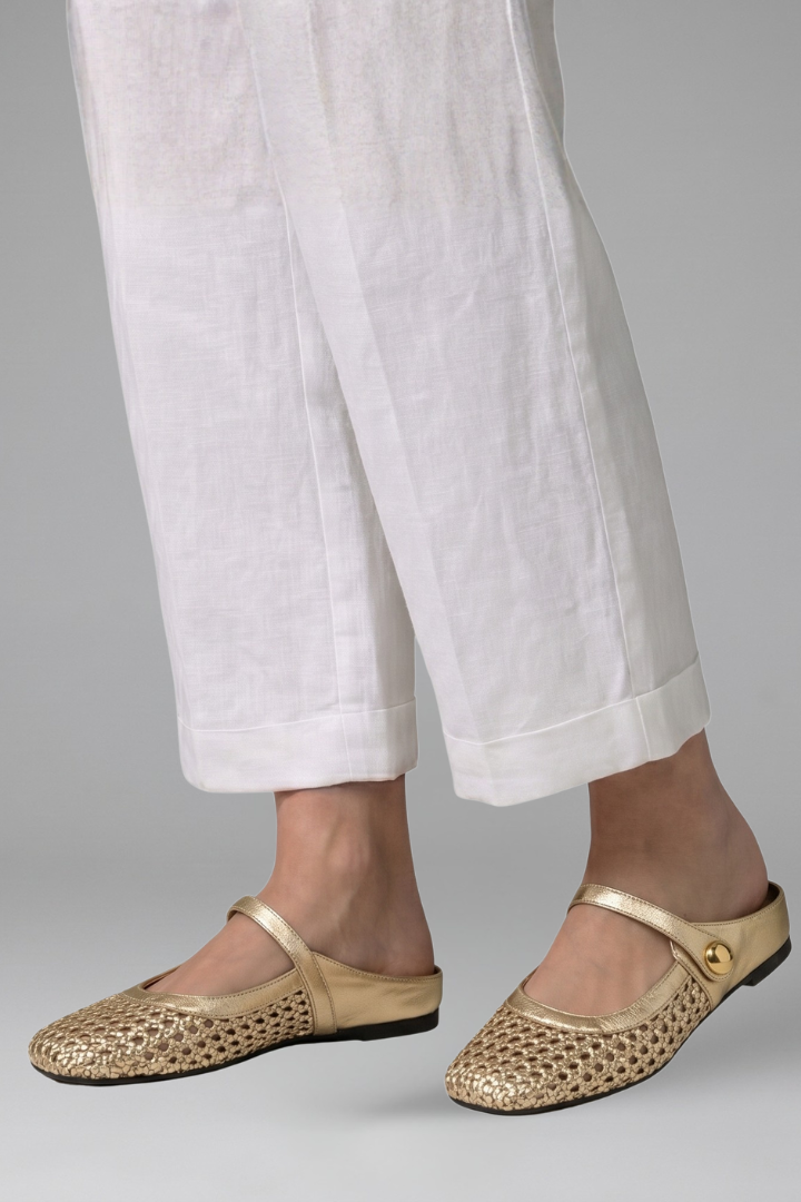 Women's Mary Jane Mules Slip on Flat Shoes with Woven Upper and Rhinestone Button - Image 6